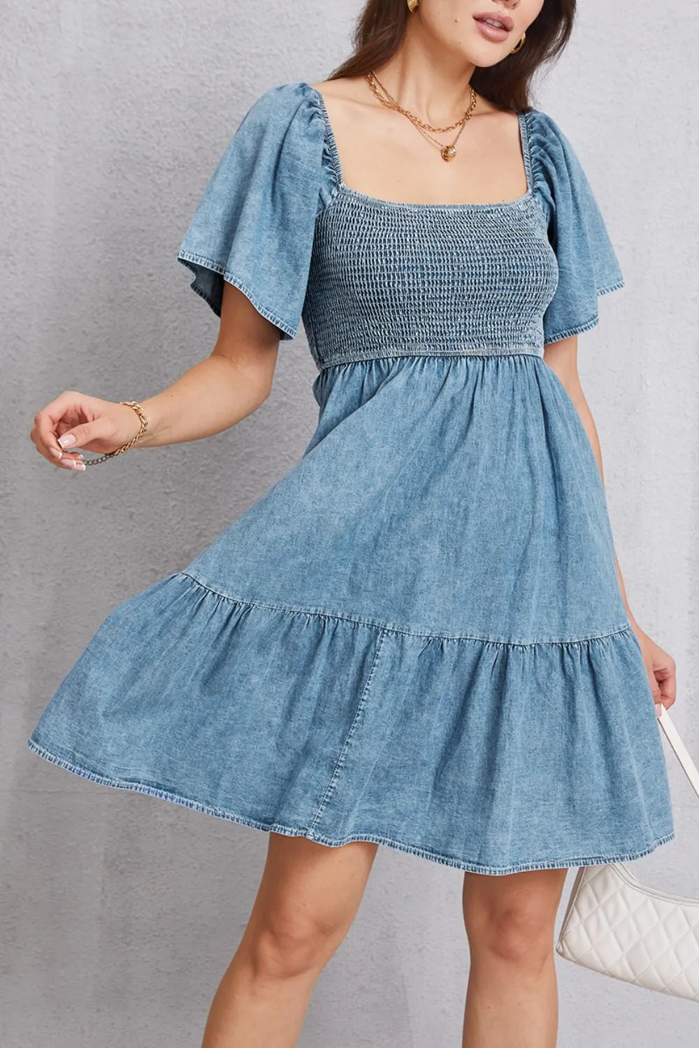Smocked Square Neck Mini Denim Dress, image 2