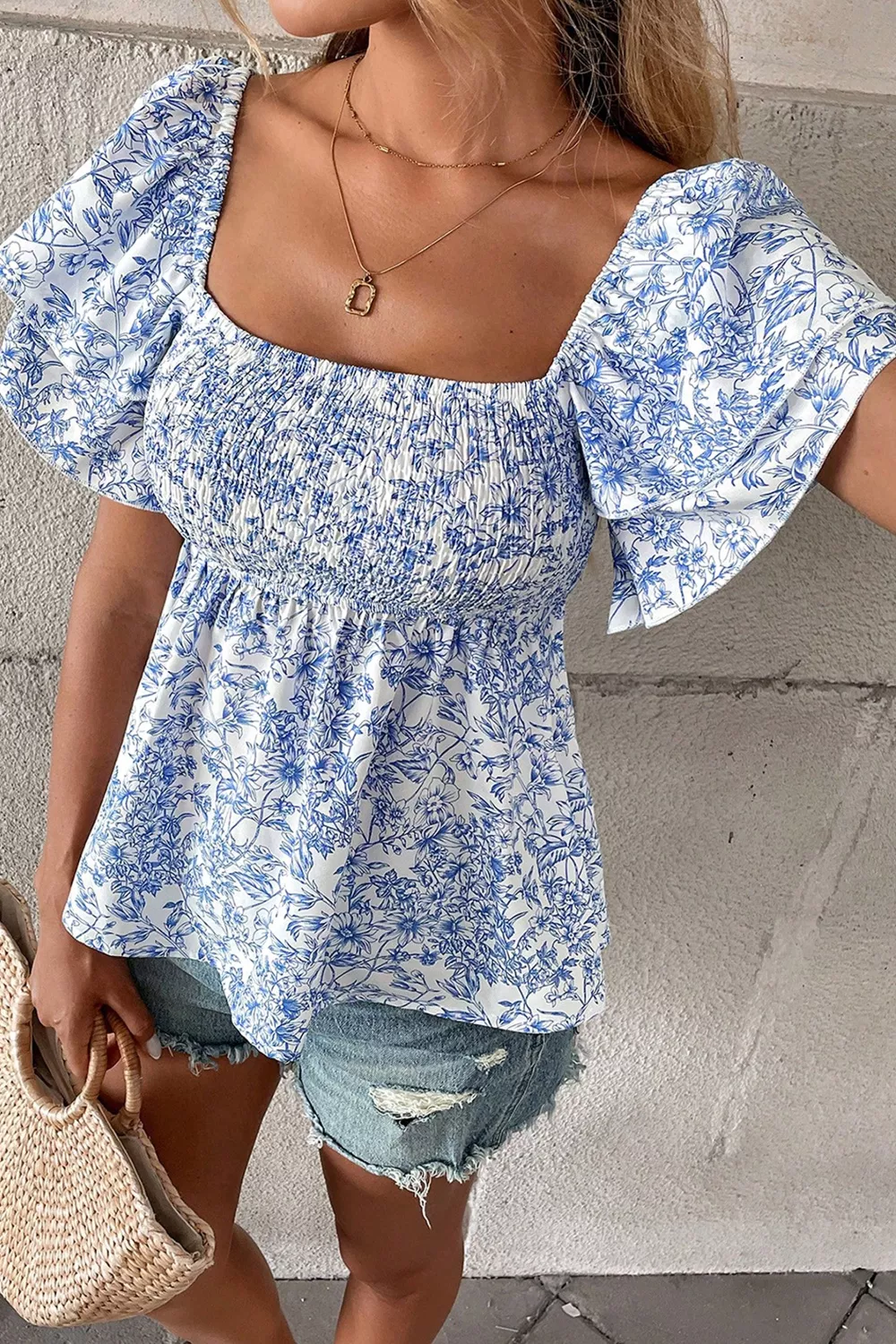 Floral Print Square Neck Ruffled Sleeve Shirred Babydoll Blouse, image 6