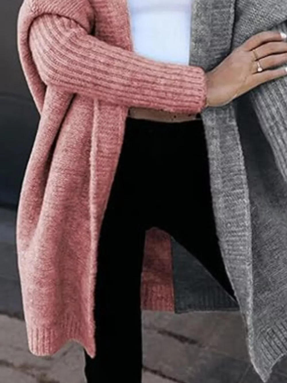 Two-Tone Open Front Knit Hooded Cardigan, image 6