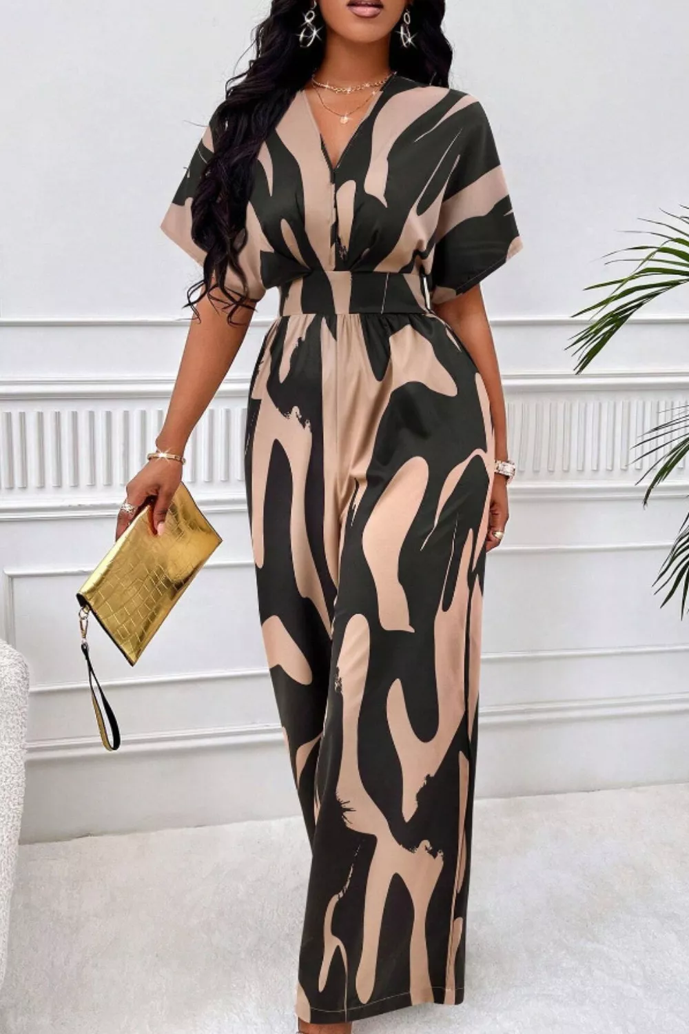 Printed V-Neck Short Sleeve Wide Leg Jumpsuit, image 8