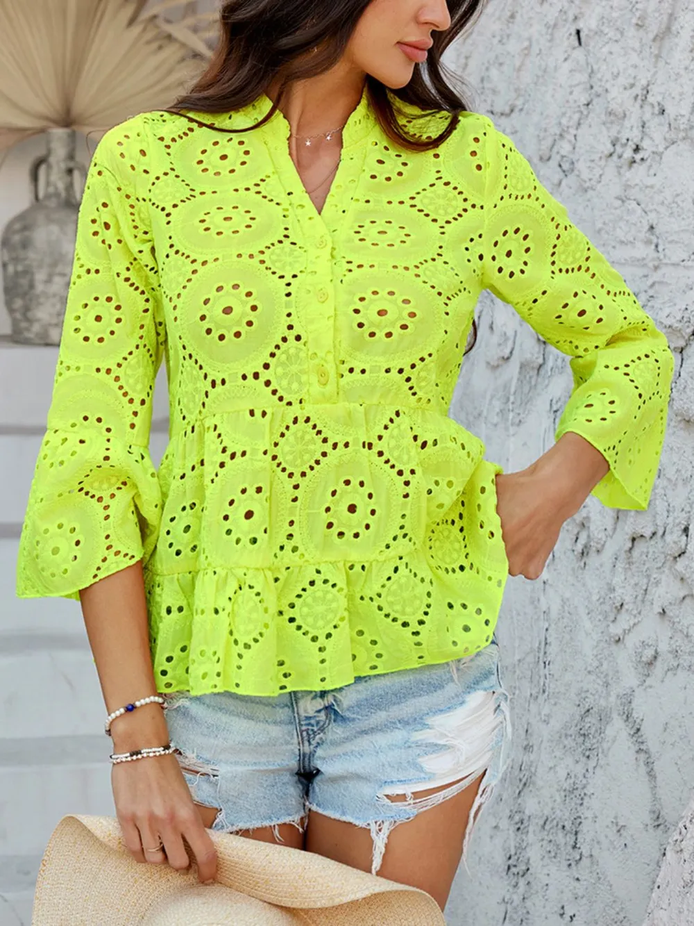 Half Button Flounce Sleeve Peplum Blouse, image 23