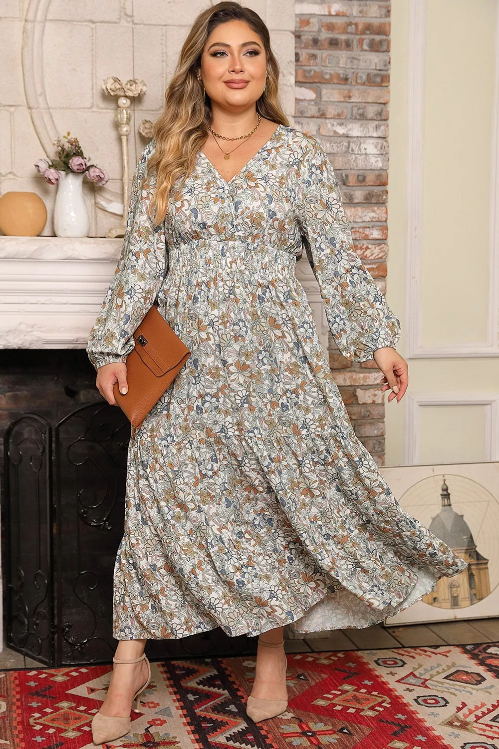 Plus Size Printed Balloon Sleeve Ruffle Hem Dress, image 4