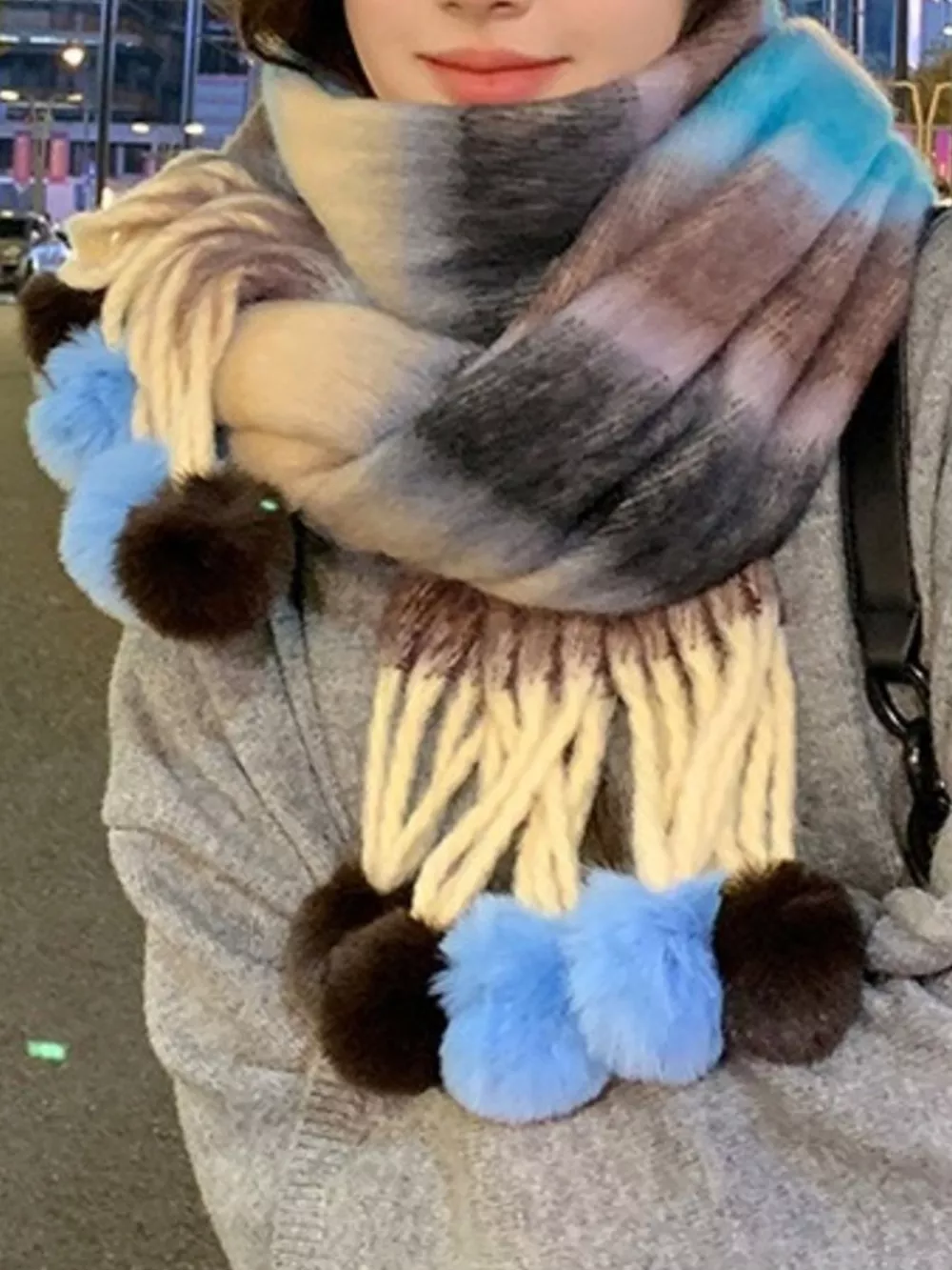 Striped Scarf with Pom-Poms, image 2