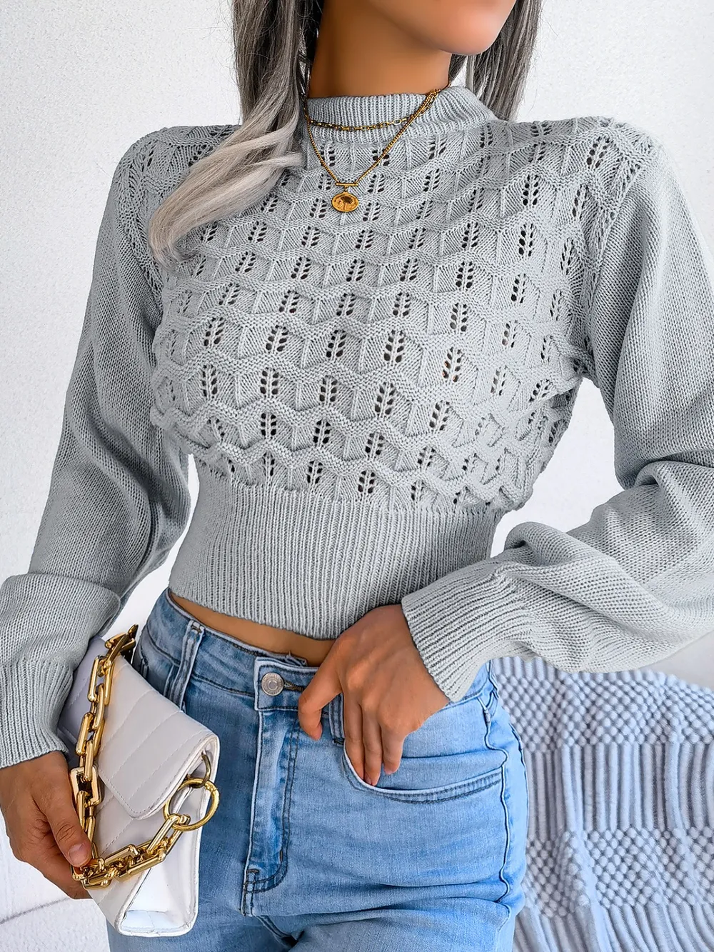 Openwork Mock Neck Long Sleeve Cropped Sweater, image 11