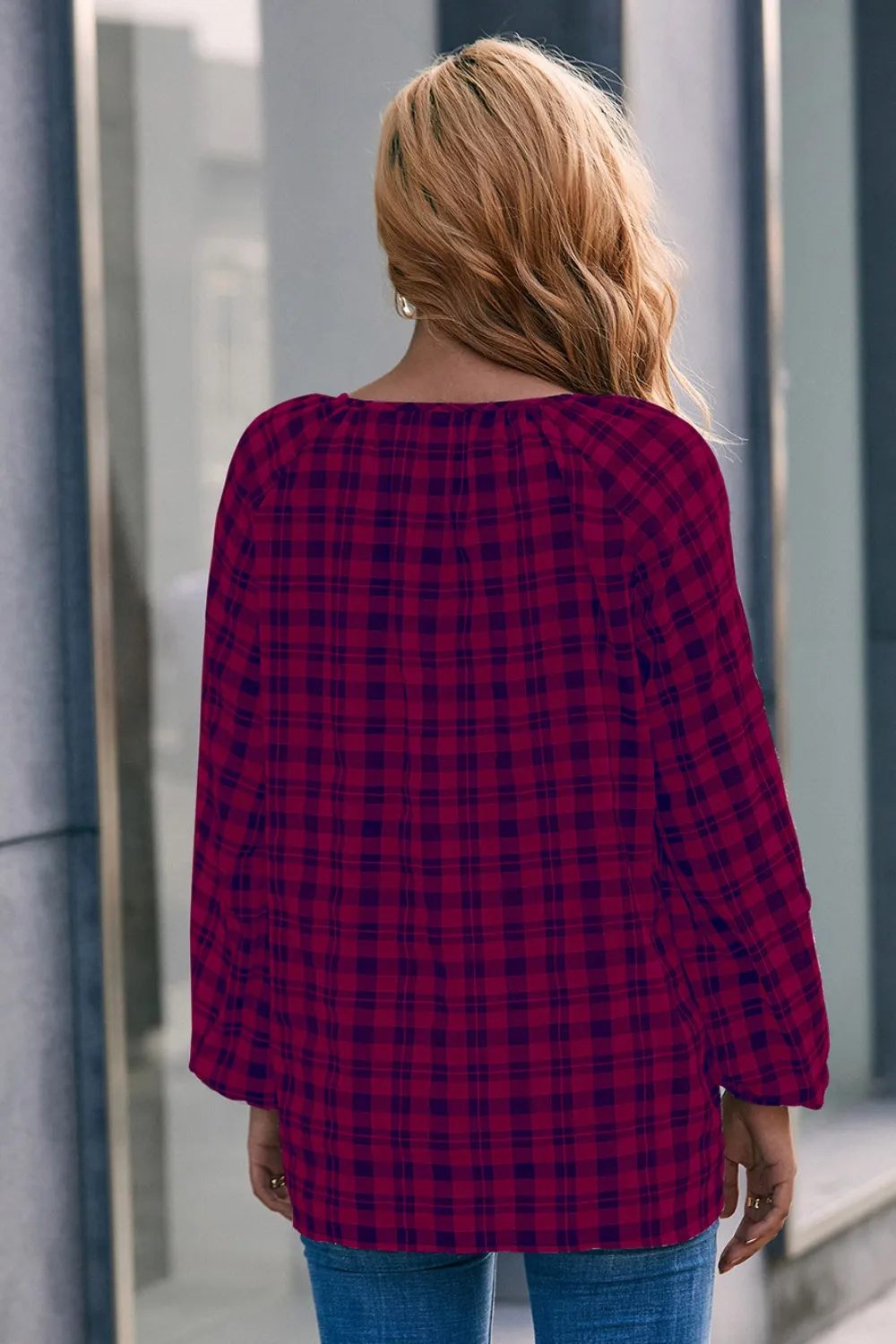 Plaid Tie Neck Balloon Sleeve Blouse, image 9