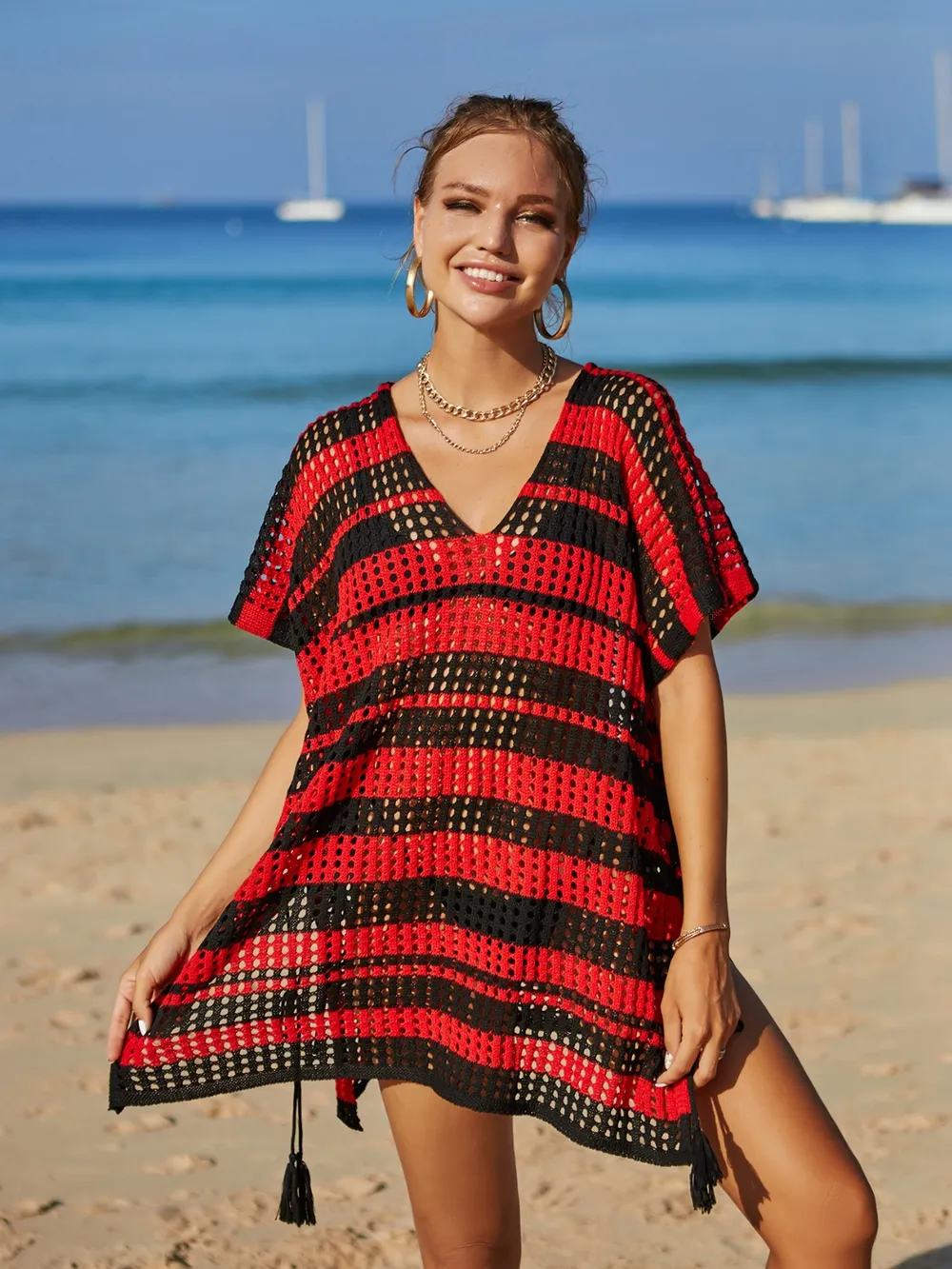 Tassel Openwork Striped V-Neck Cover Up, image 12