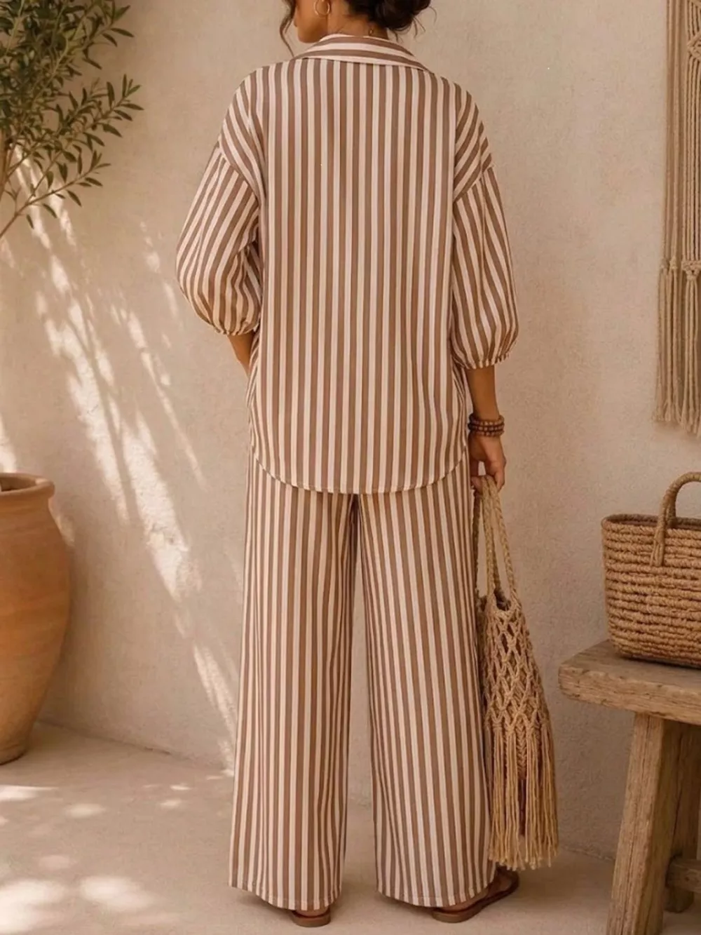 Full Size Striped Relaxed Fit Shirt and Wide-Leg Pants Set Plus Size, image 8