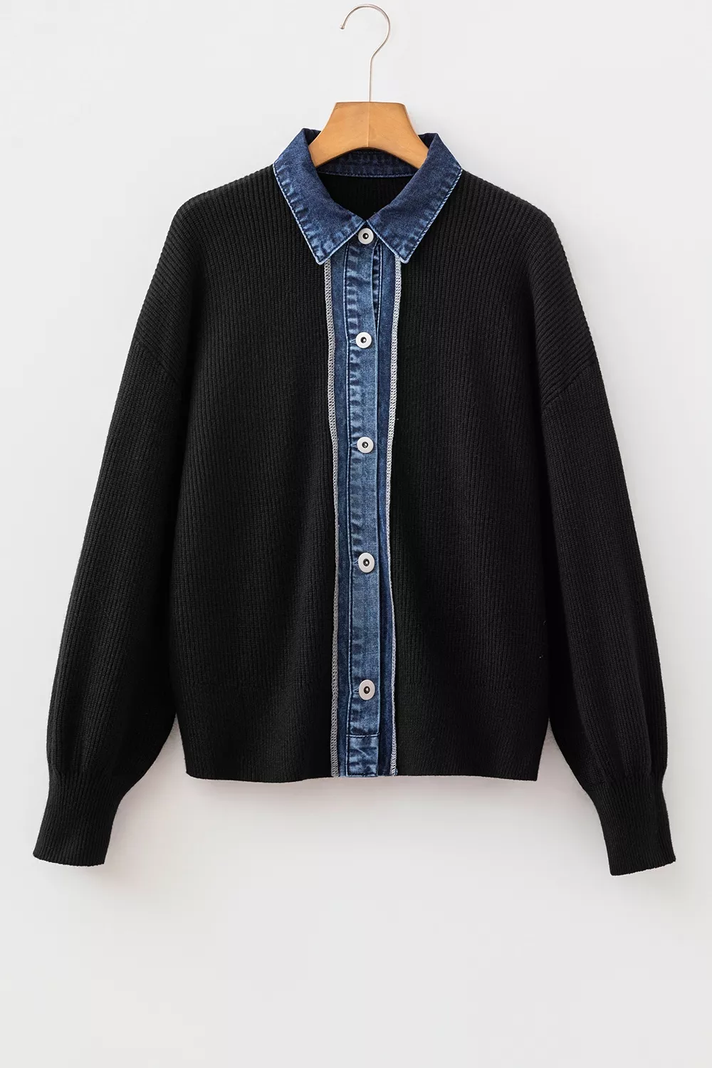Denim Contrast Placket Long Sleeve Cardigan, image 3