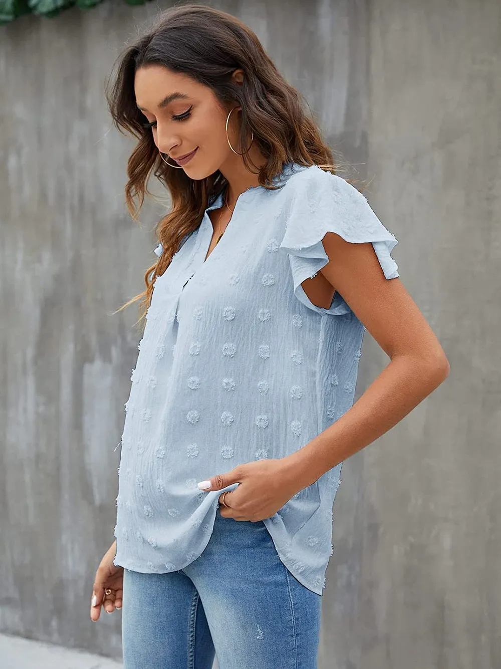Swiss Dot Notched Flutter Sleeve Blouse, image 24
