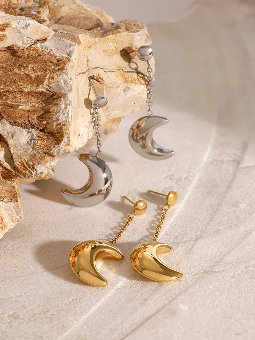 Stainless Steel Moon Dangle Earrings, image 4