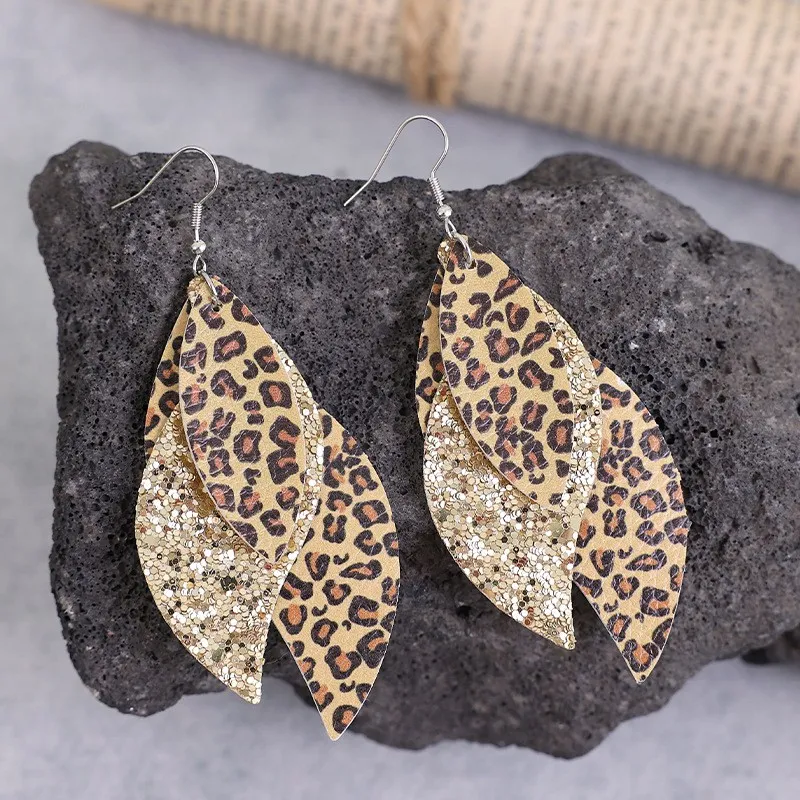 PU Leather Leopard Leaf Earrings, image 3