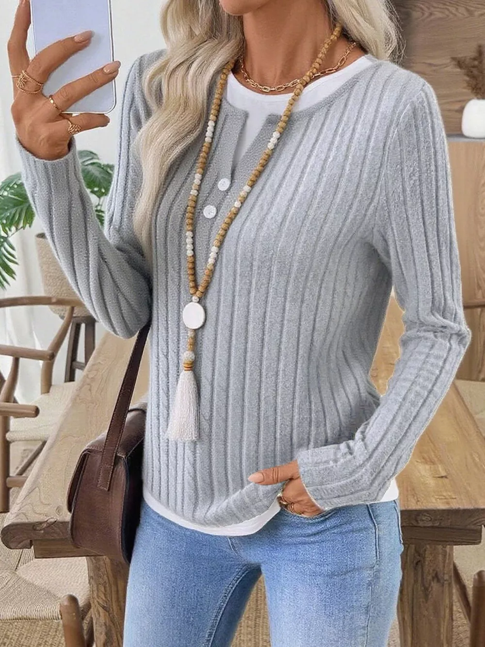 Ribbed Knit Long Sleeve Henley T-Shirt, image 17