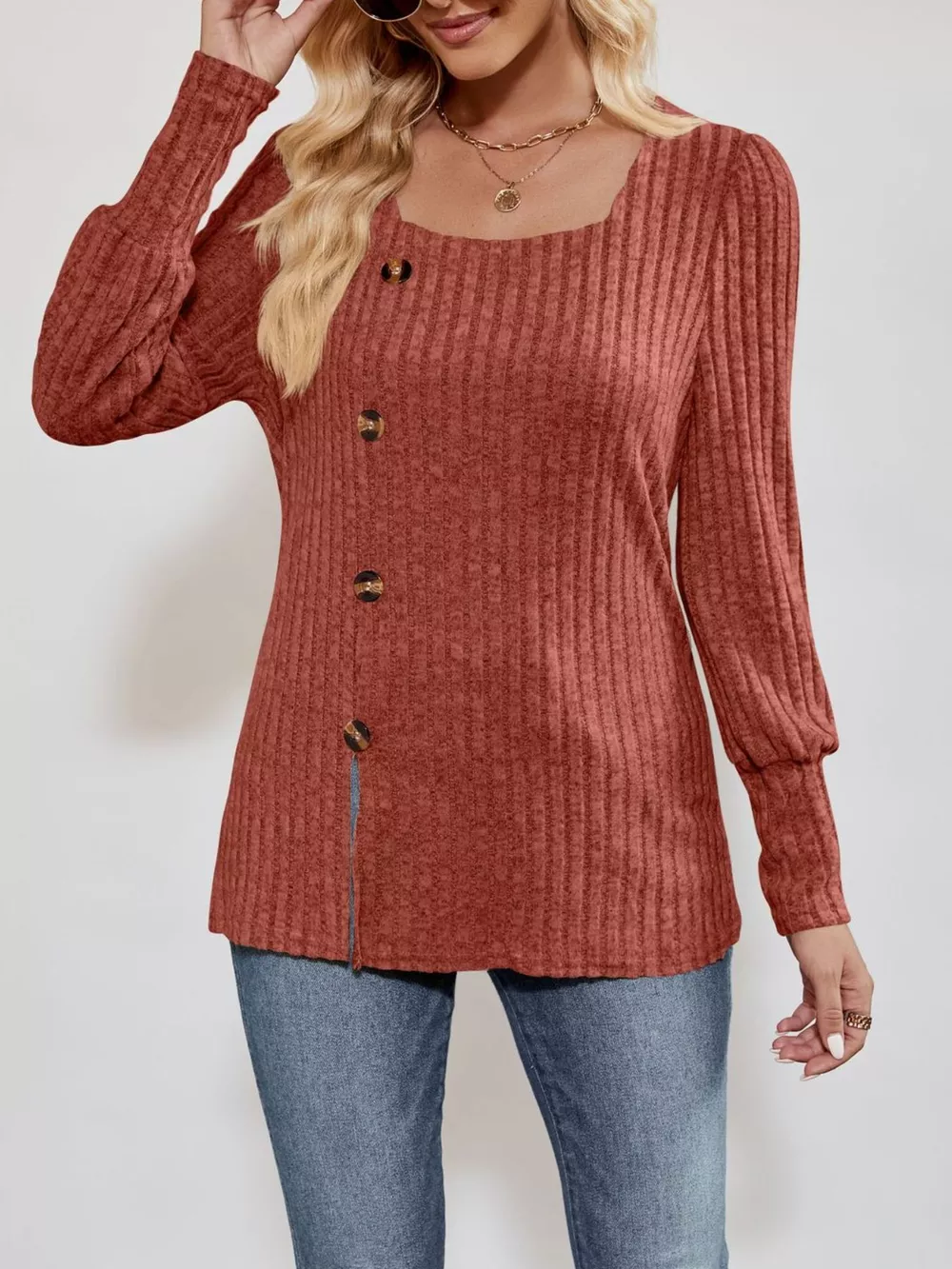 Ribbed Knit Slit Long Sleeve T-Shirt, image 5