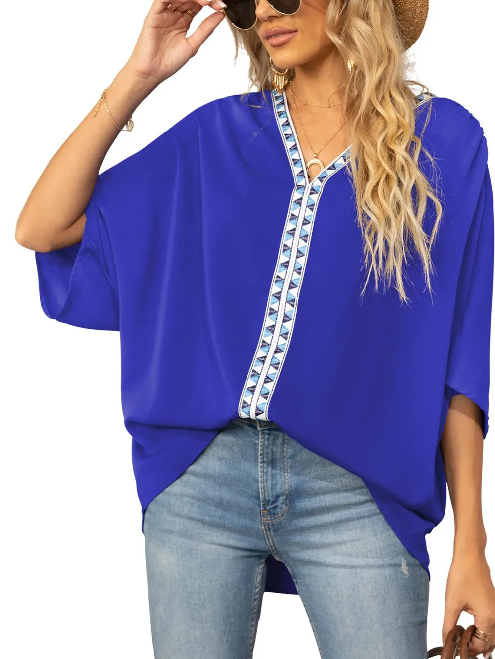 Printed Trim V-Neck Batwing Sleeve Blouse, image 4