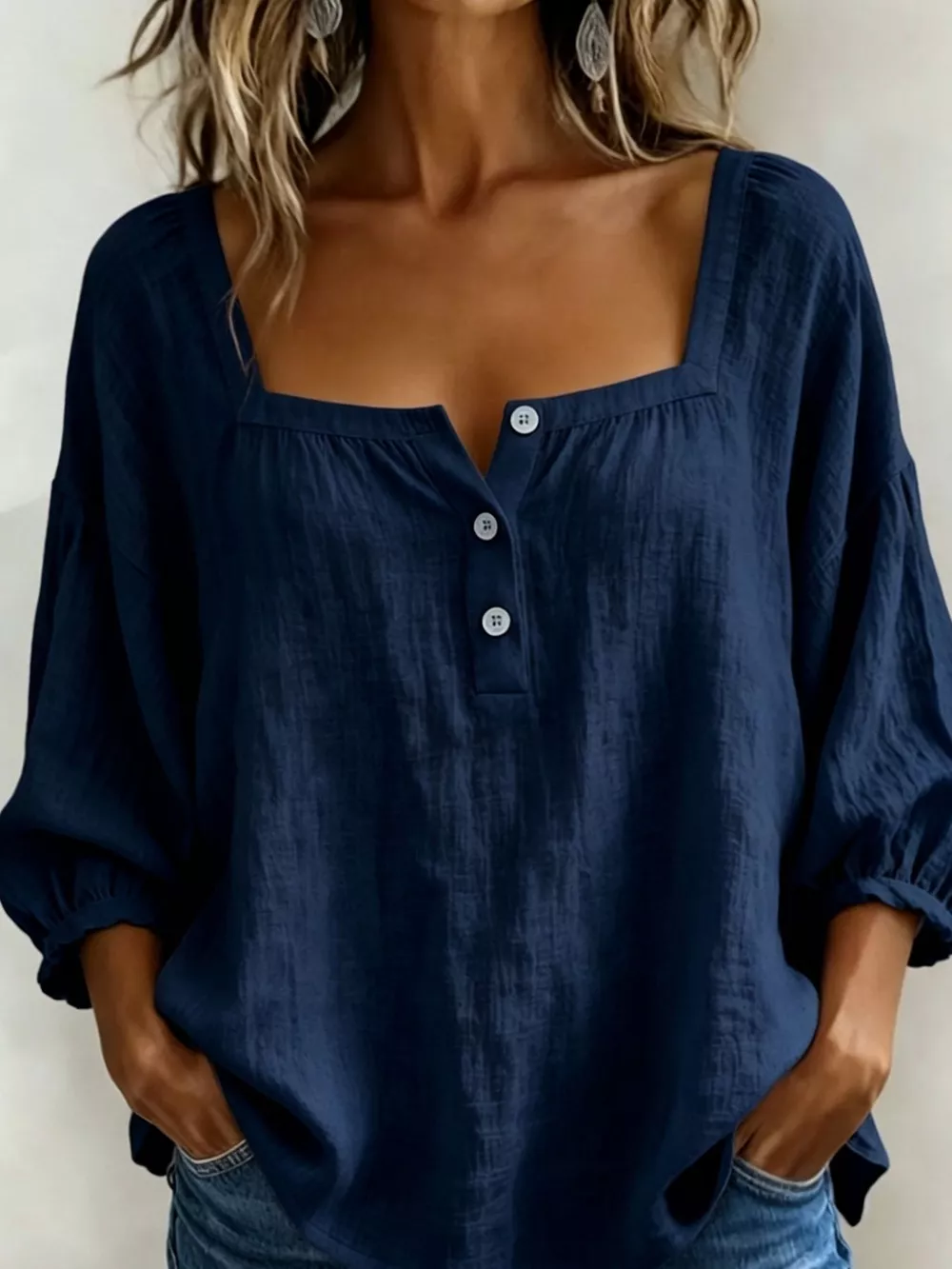 Full Size Square Neck Button Detail Blouse Plus Size, image 5