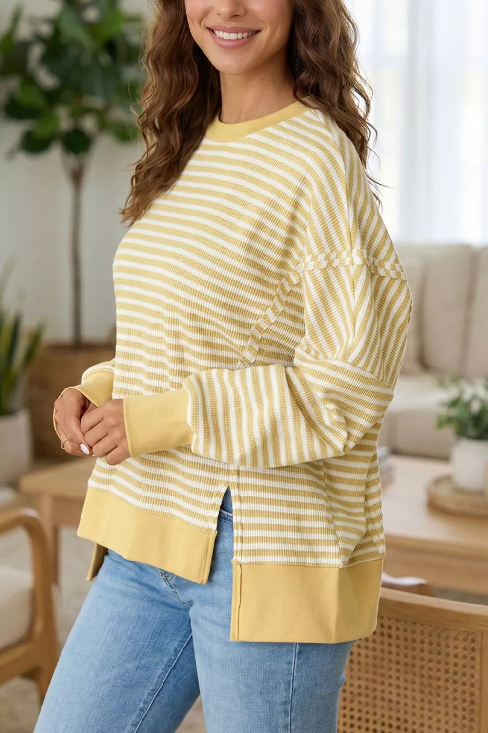 Stripe Textured Knit Color Block Trim Split Hem Long Sleeve Top, image 3