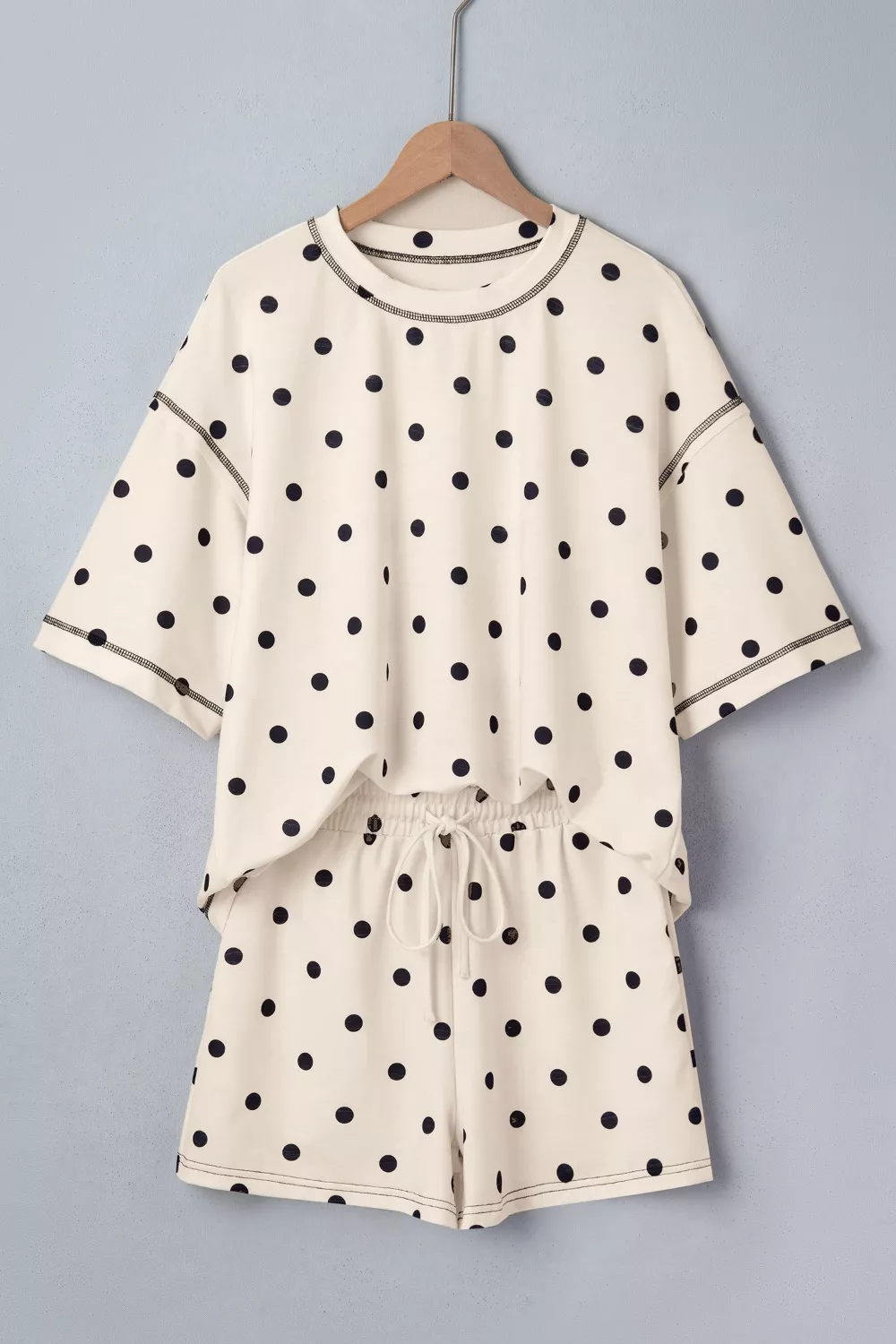 Exposed Seam Detail Polka Dot Loose Tee Drawstring Shorts Set, image 3