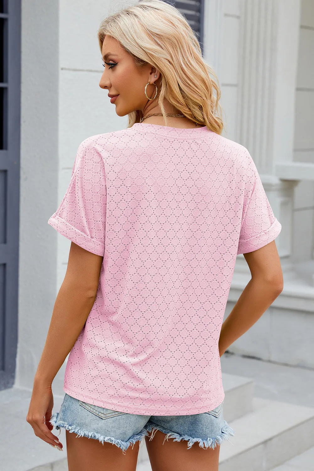 Eyelet Notched Short Sleeve T-Shirt, image 17