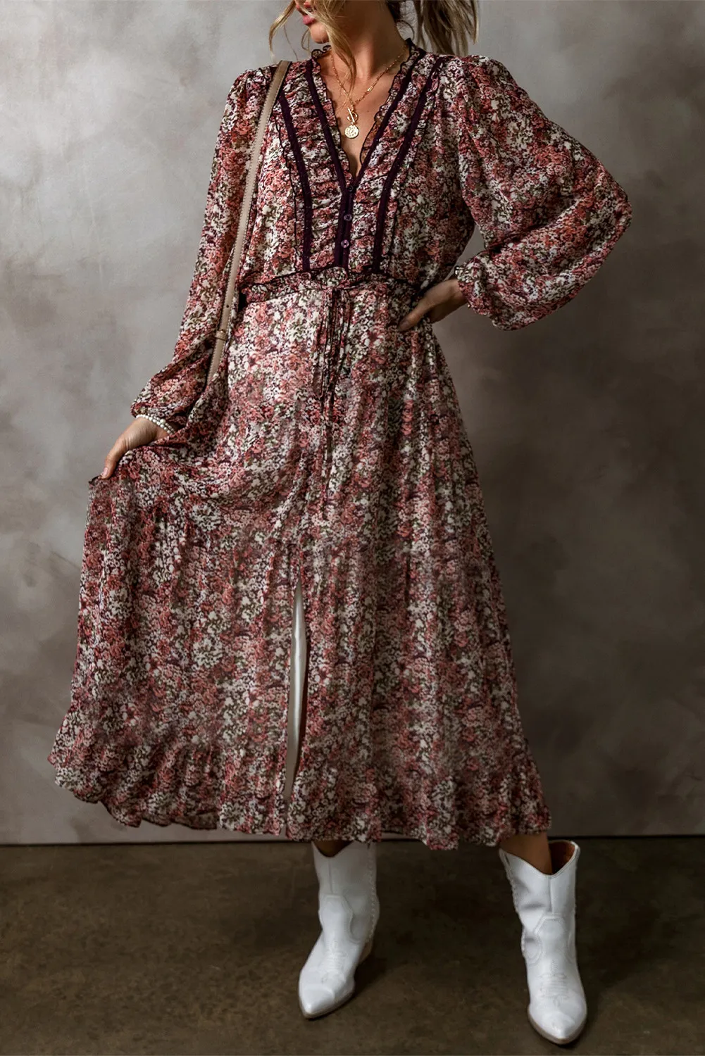 Frill Printed V-Neck Long Sleeve Midi Dress, image 3