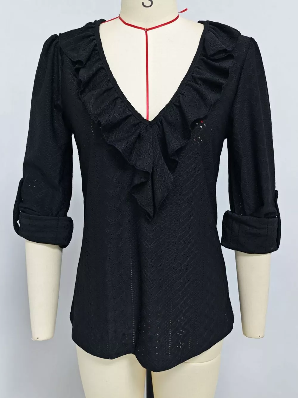 Eyelet Ruffle V-Neck Blouse, image 15