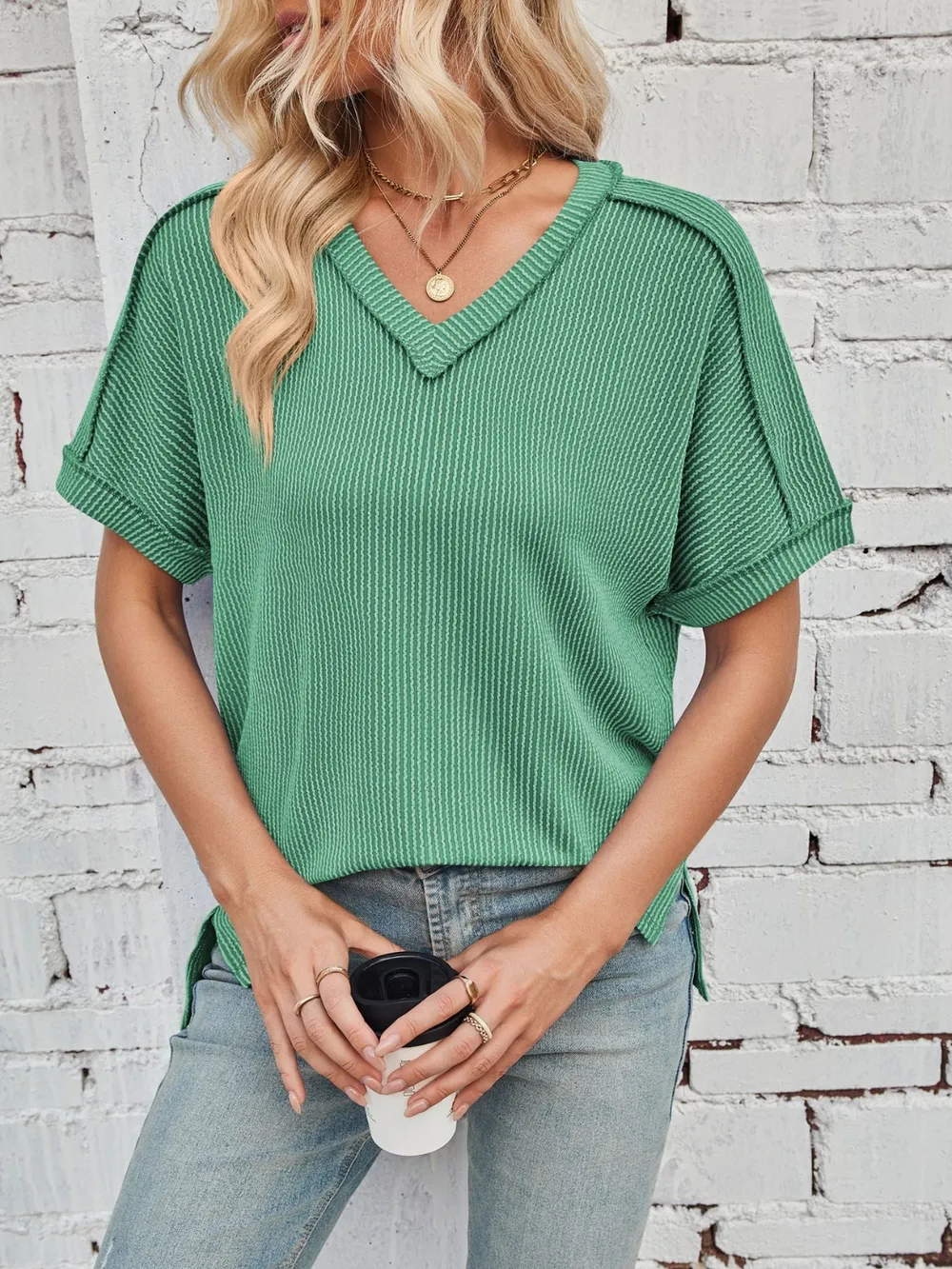 Cord Ribbed V-Neck Short Sleeve T-Shirt, image 14