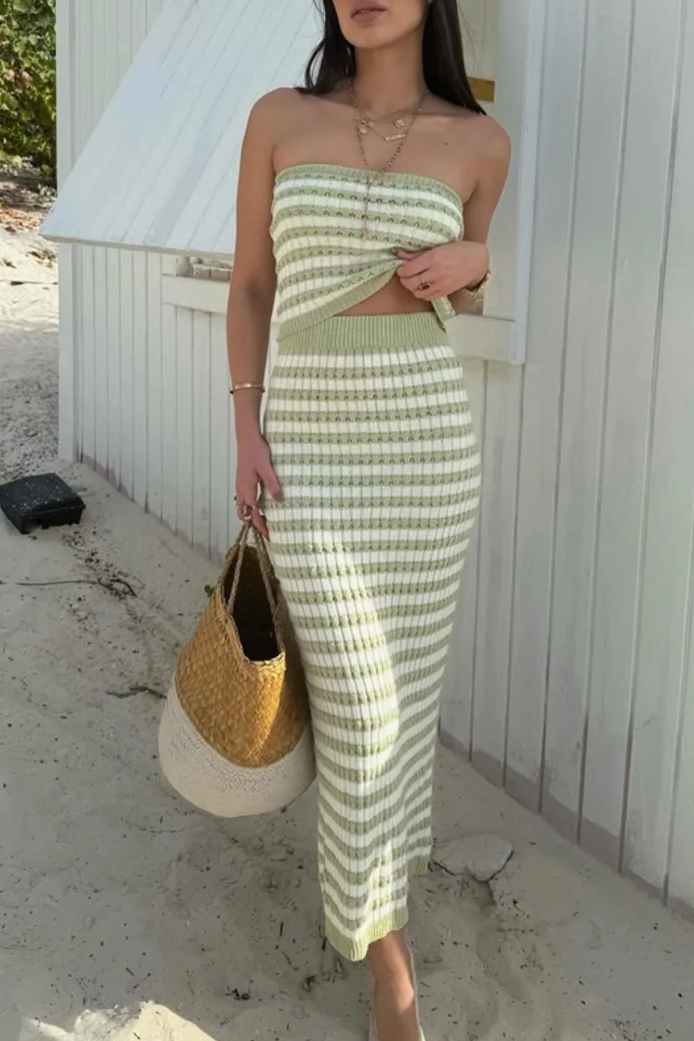 Contrast Striped Tube Top and Skirt Sweater Set, image 3