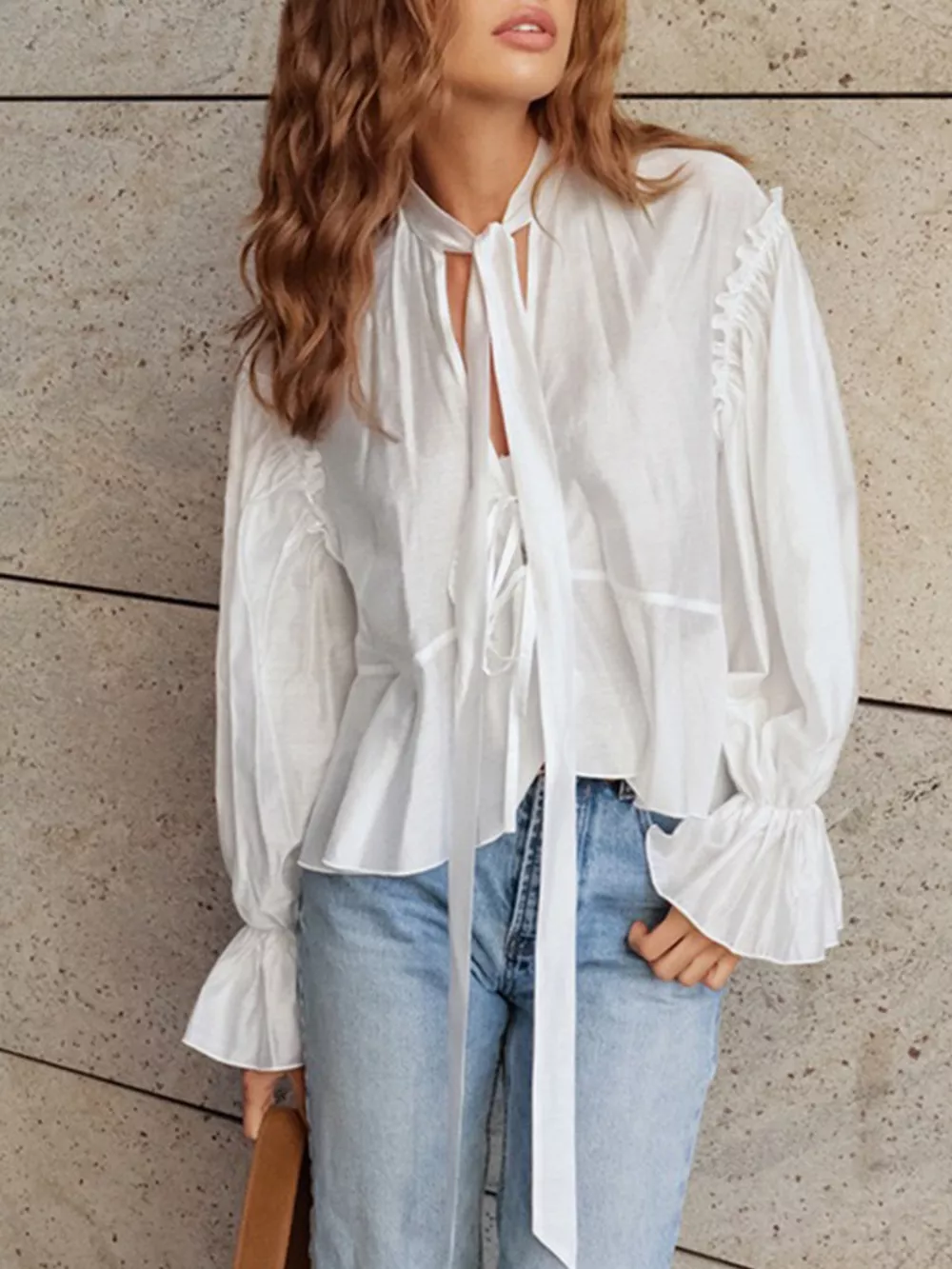 Ruffle Trim Tie Neck Blouse, image 2