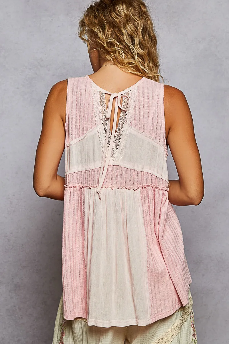 Lace Trim Two-Tone Tank with Pintuck Detail, image 4