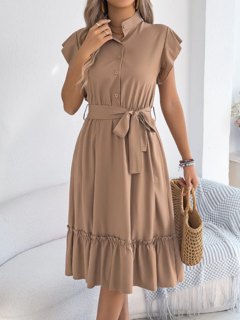 Tie Waist Ruffled Cap Sleeve Dress, image 6