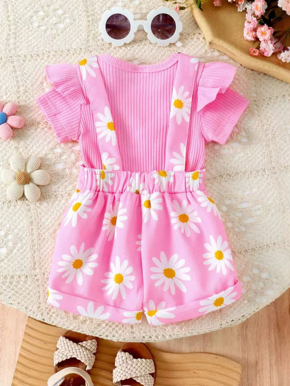 Children's Ruffle Trim Ribbed Top and Daisy Overalls Set, image 8