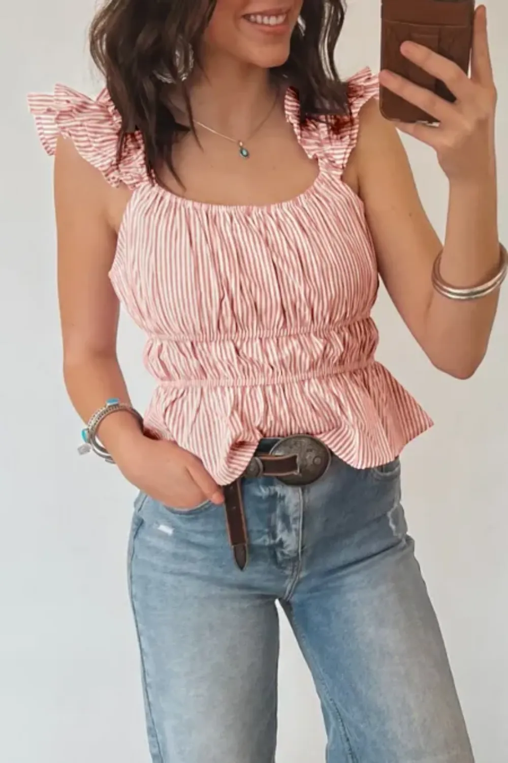 Striped Ruffle Sleeve Smocked Blouse, image 2