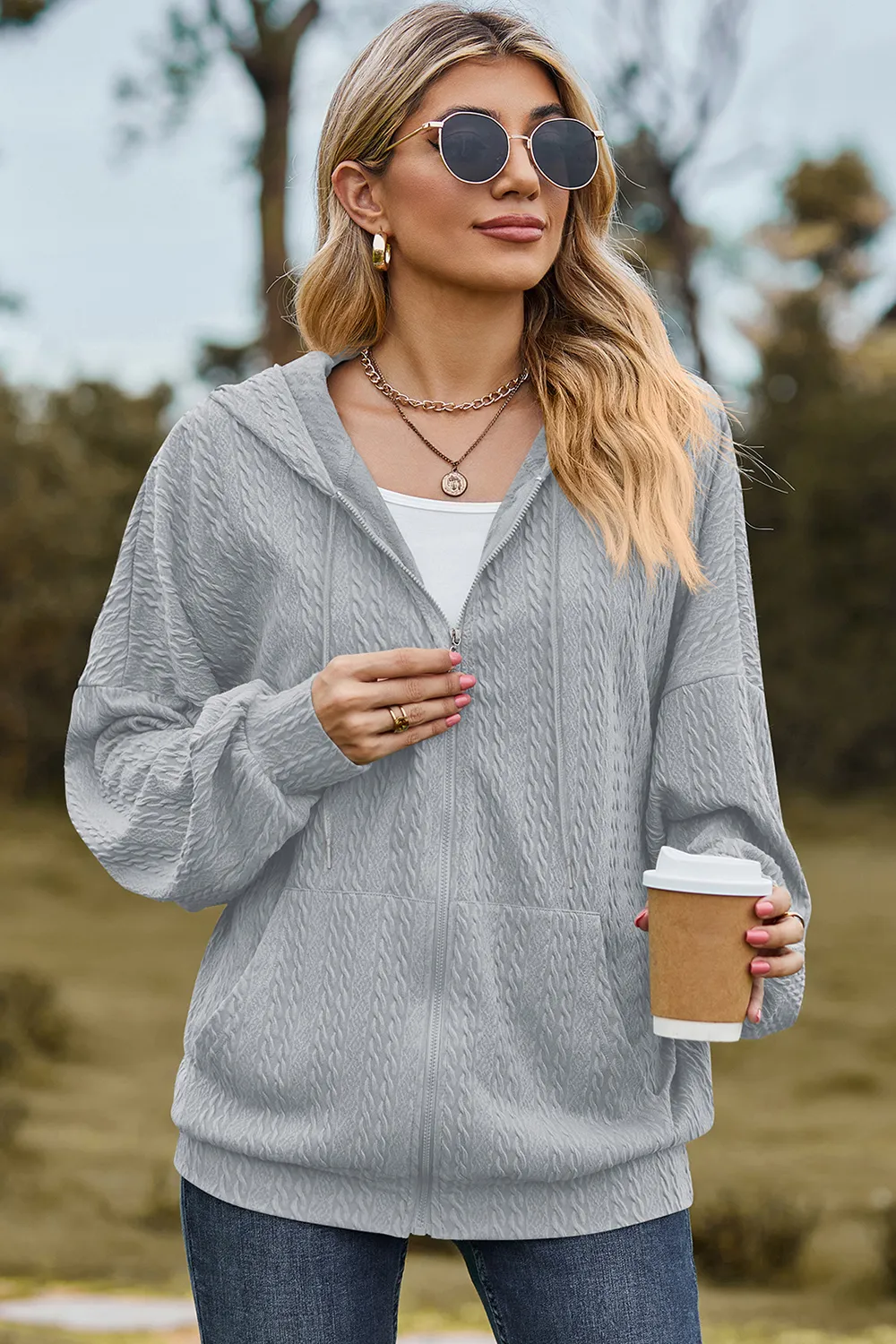 Drawstring Zip Up Dropped Shoulder Hoodie, image 11