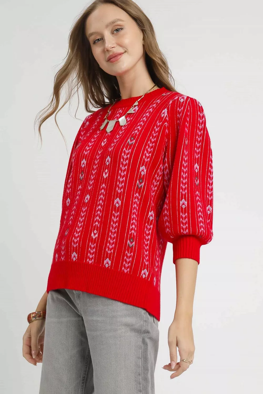 Jacquard Knit Puff Sleeve Sweater, image 4