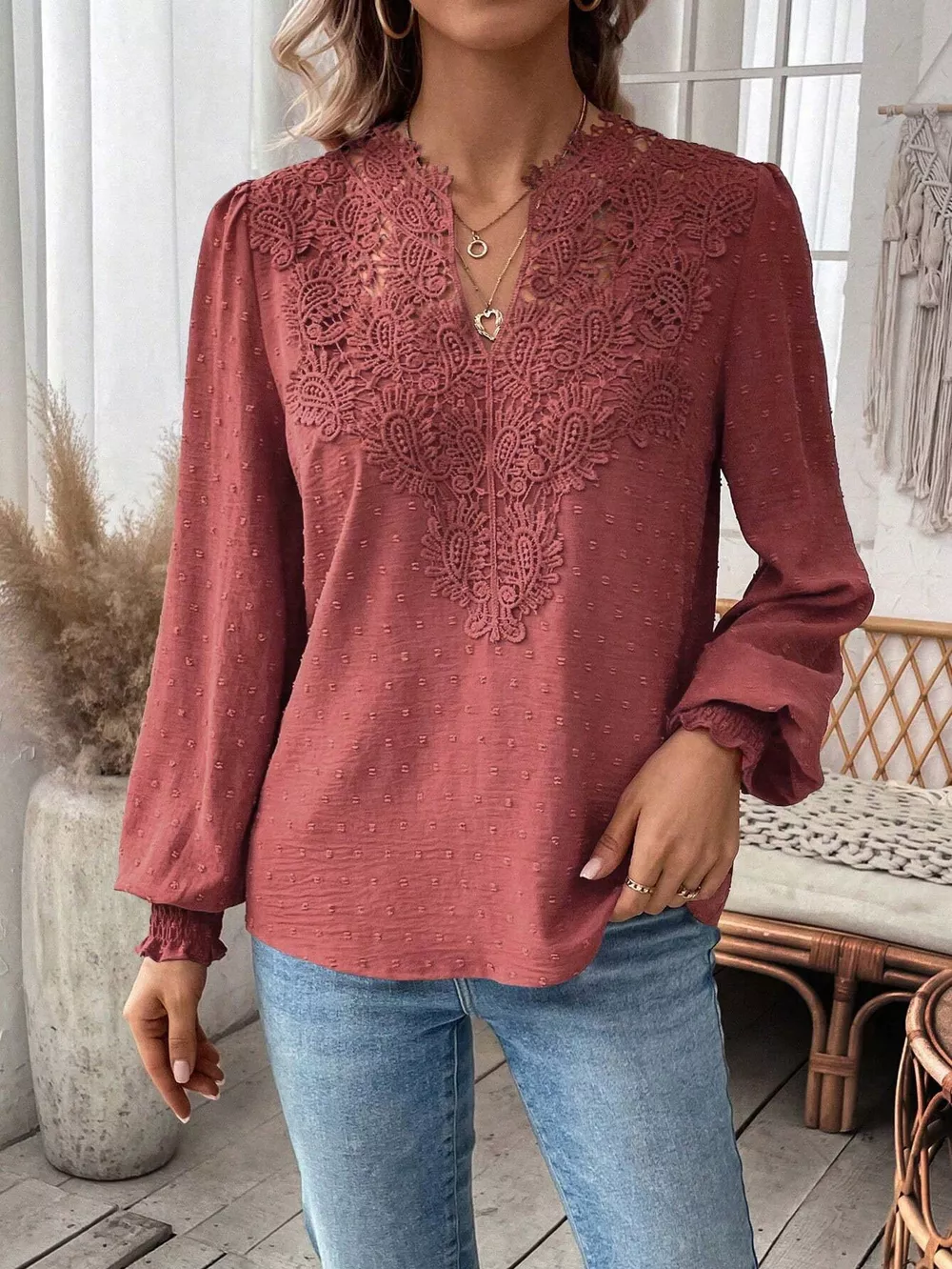 Swiss Dot Lace Detail Long Sleeve Blouse, image 19