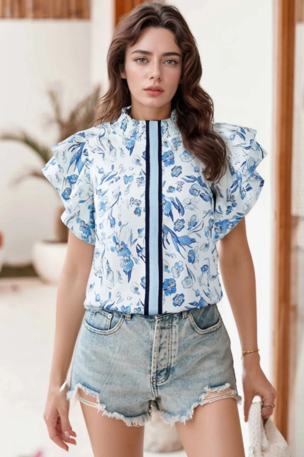 Floral Print Ruffled Short Sleeve Blouse, image 7