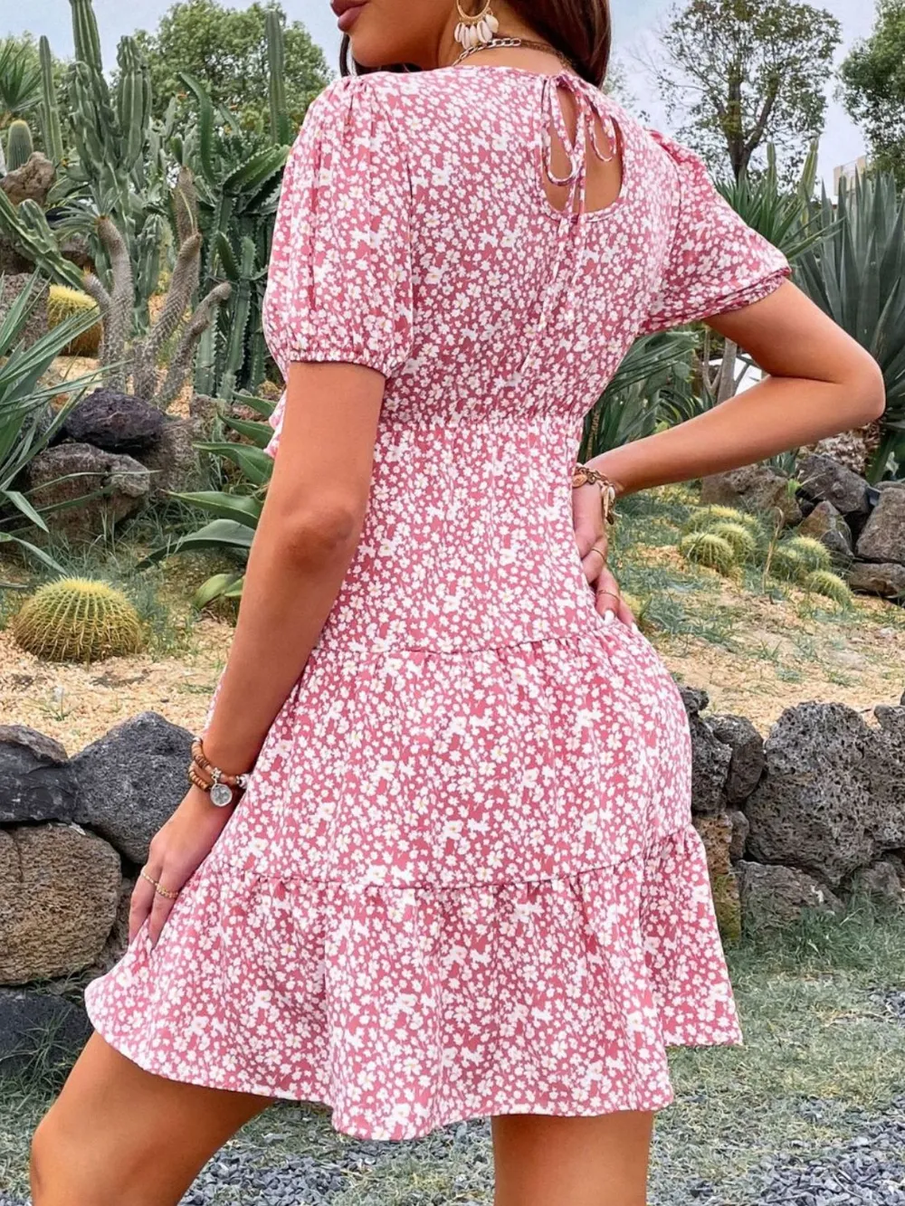 Floral Print Wrap Mini Dress with Puff Sleeves, image 3