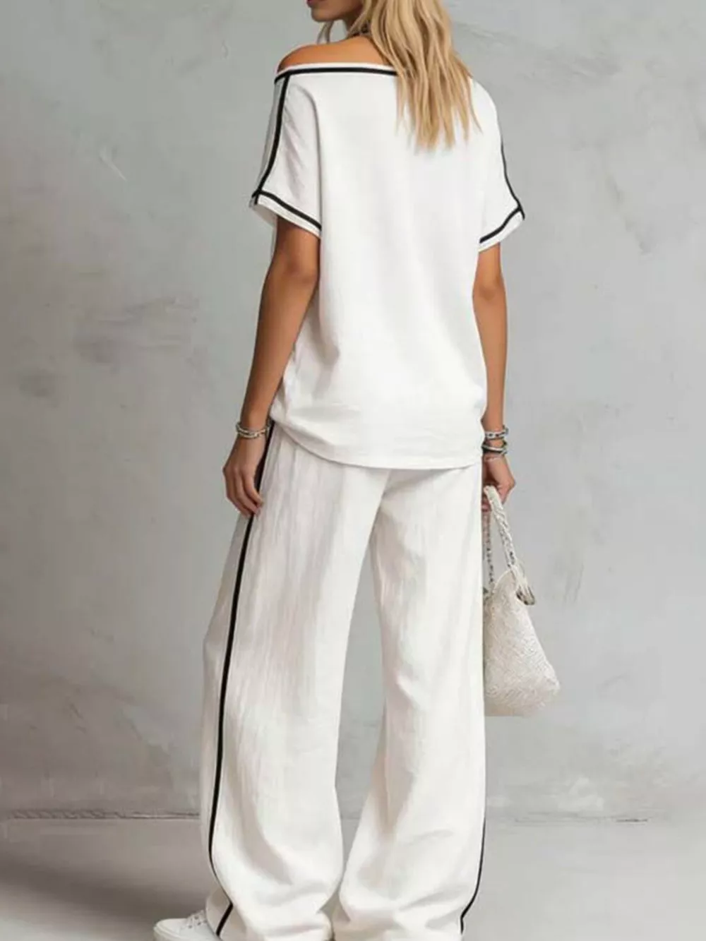 Contrast Trim Round Neck Top and Pants Set, image 3