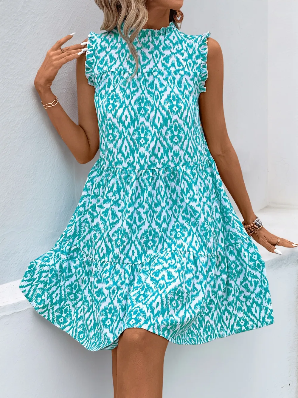 Printed Frill Sleeveless Tiered Mini Dress, image 6