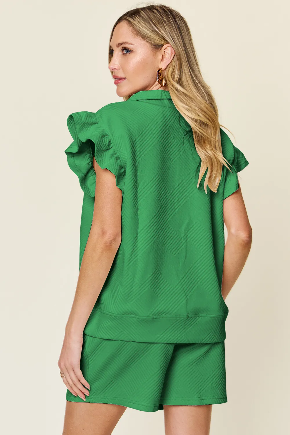 Full Size Texture Flounce Sleeve Top and Drawstring Shorts Set, image 21