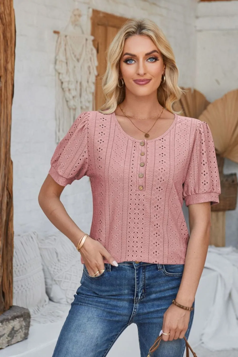Eyelet Round Neck Short Sleeve Blouse, image 25
