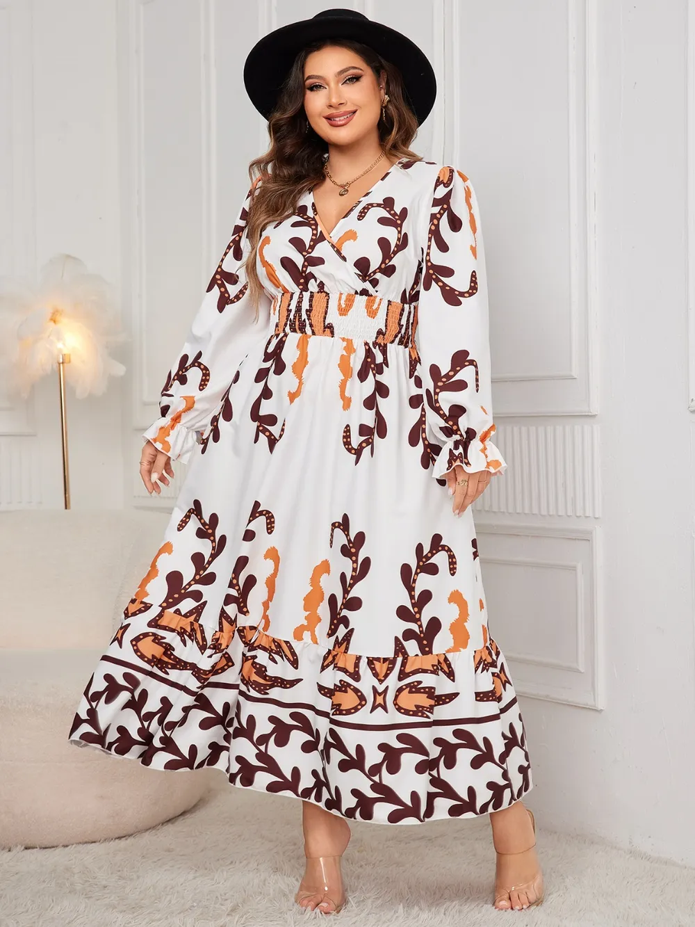 Plus Size Printed Surplice Flounce Sleeve Dress, image 3