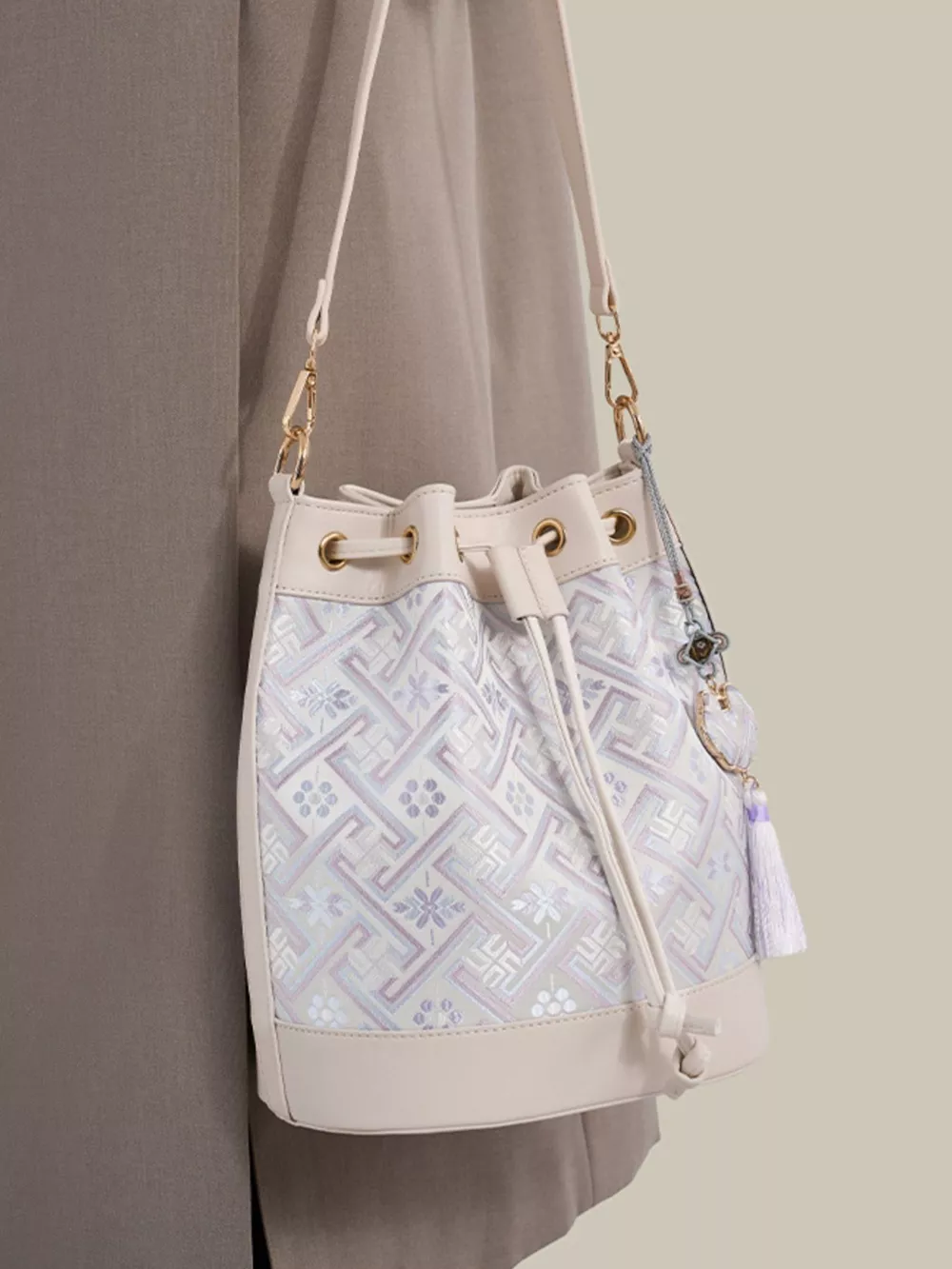 Geometric Pattern Jacquard Drawstring Bucket Crossbody Bag, image 2