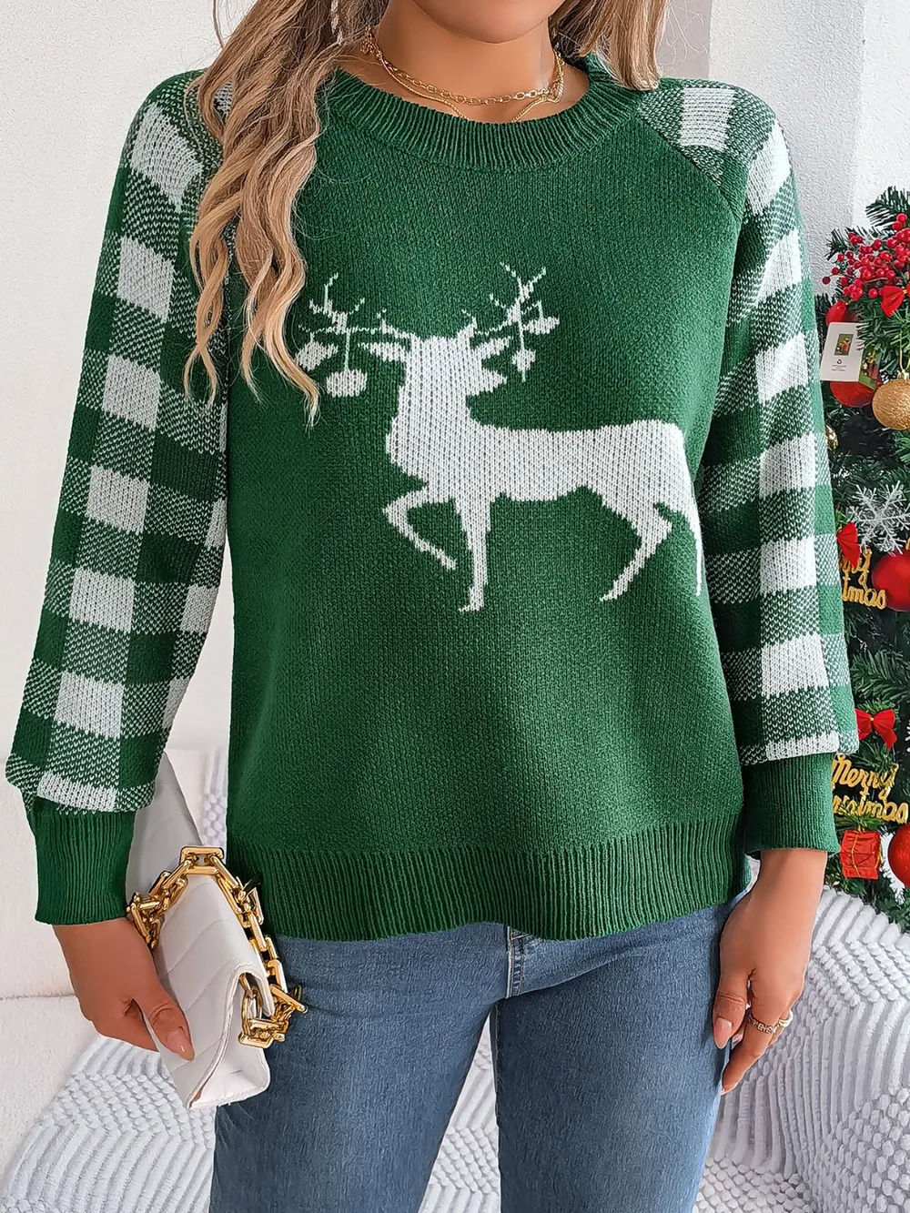 Reindeer Plaid Round Neck Long Sleeve Sweater, image 14
