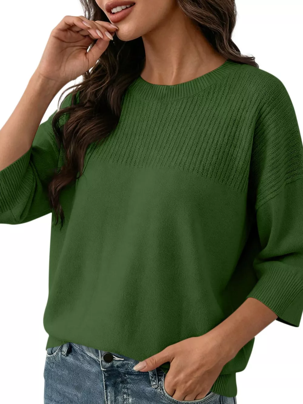Elegant Crew Neck Eyelet Ribbed Sweater, image 19