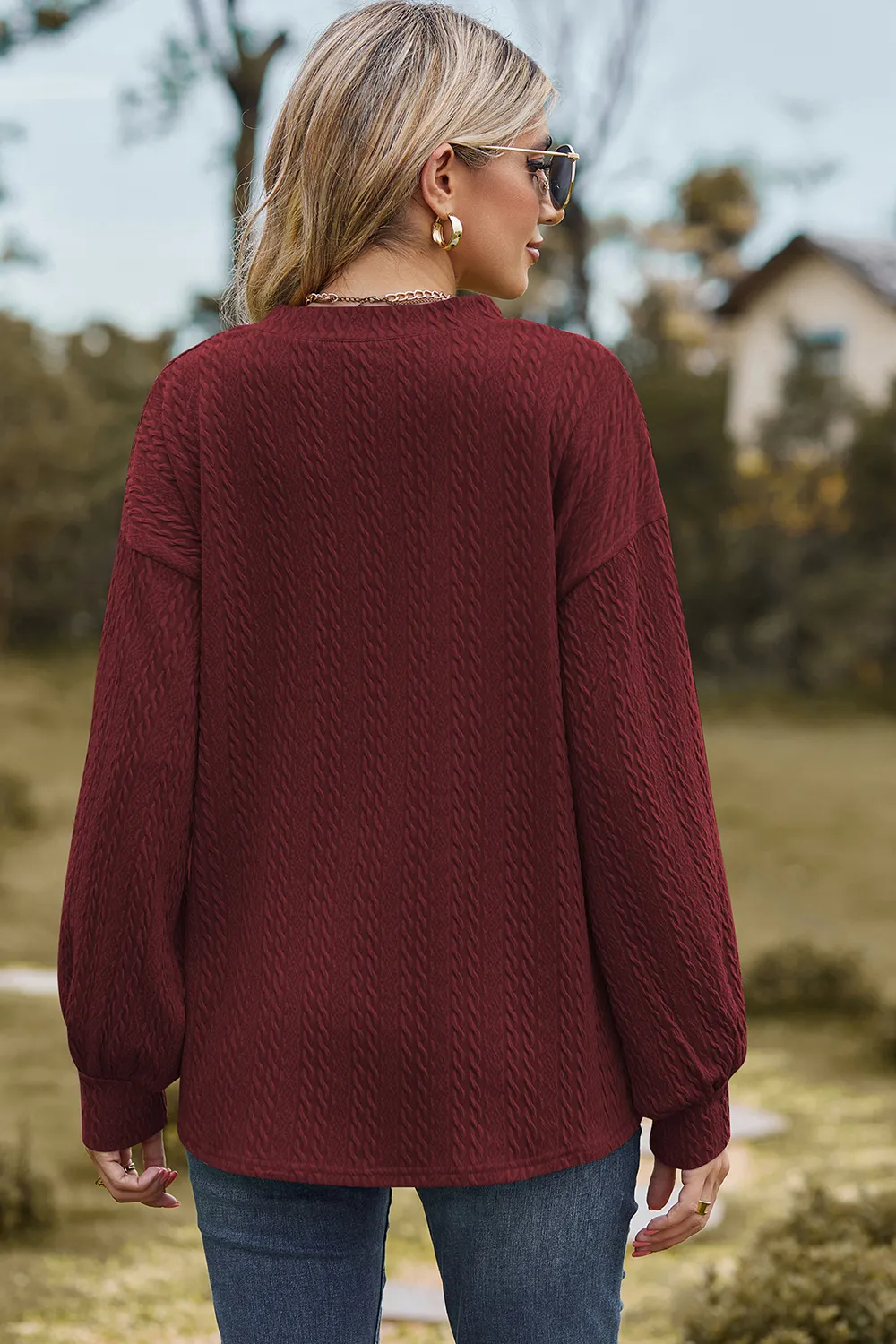 Textured V-Neck Dropped Shoulder T-Shirt, image 3