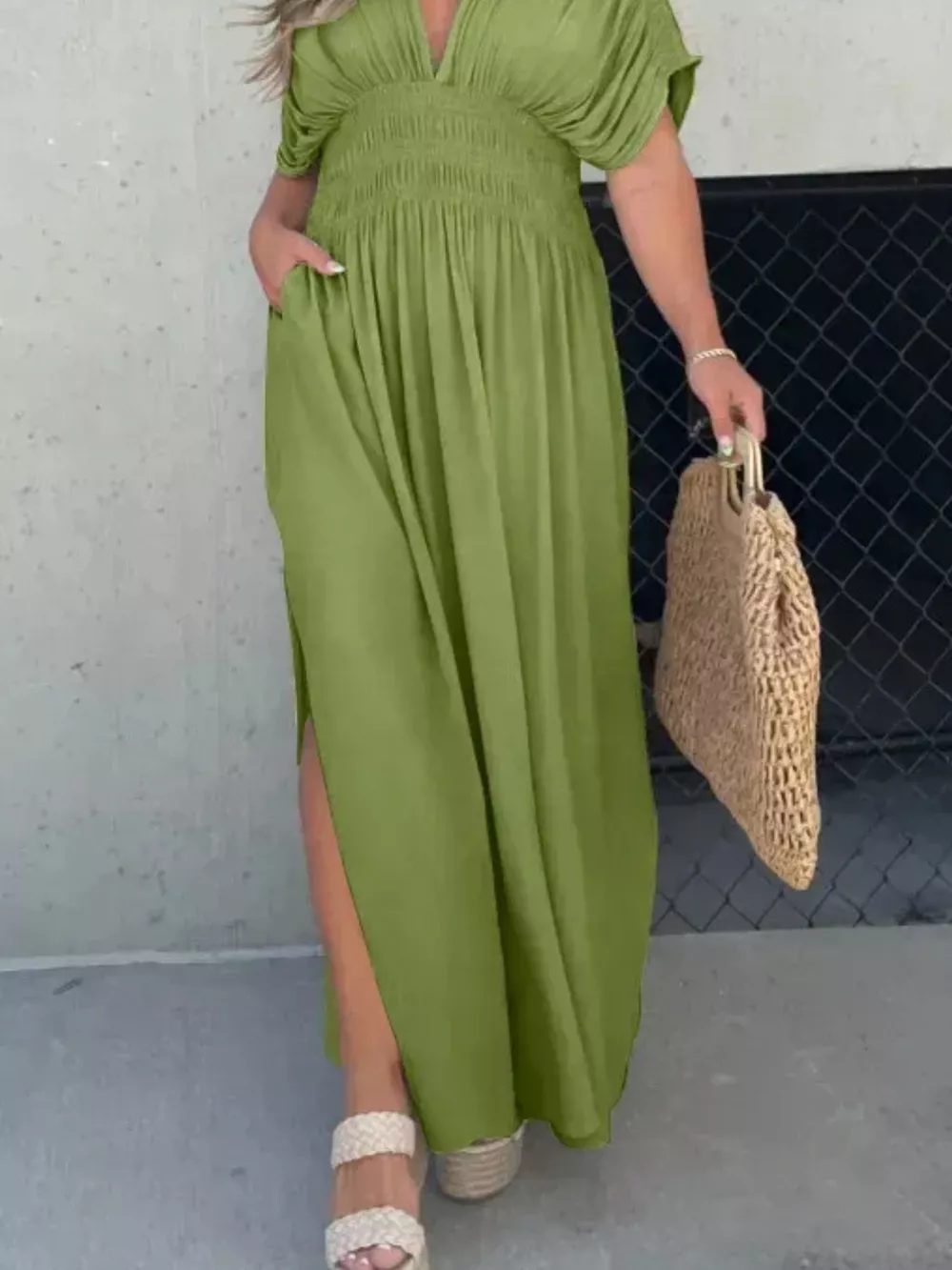 Full Size Slit V-Neck Smocked Waist Maxi Dress Plus Size, image 20
