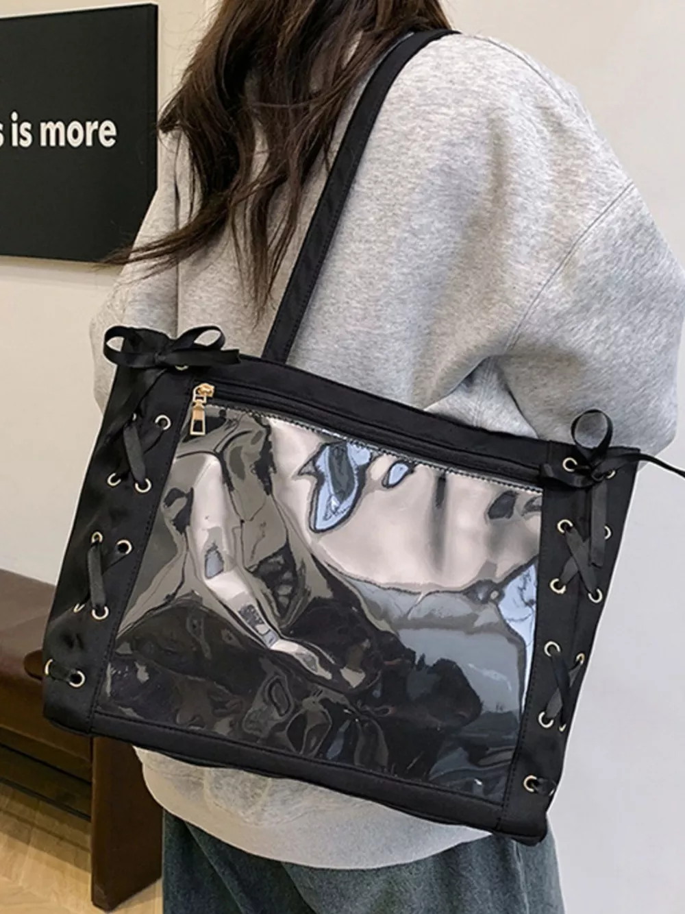 Lace-Up Trim Clear Panel Shoulder Bag, image 3