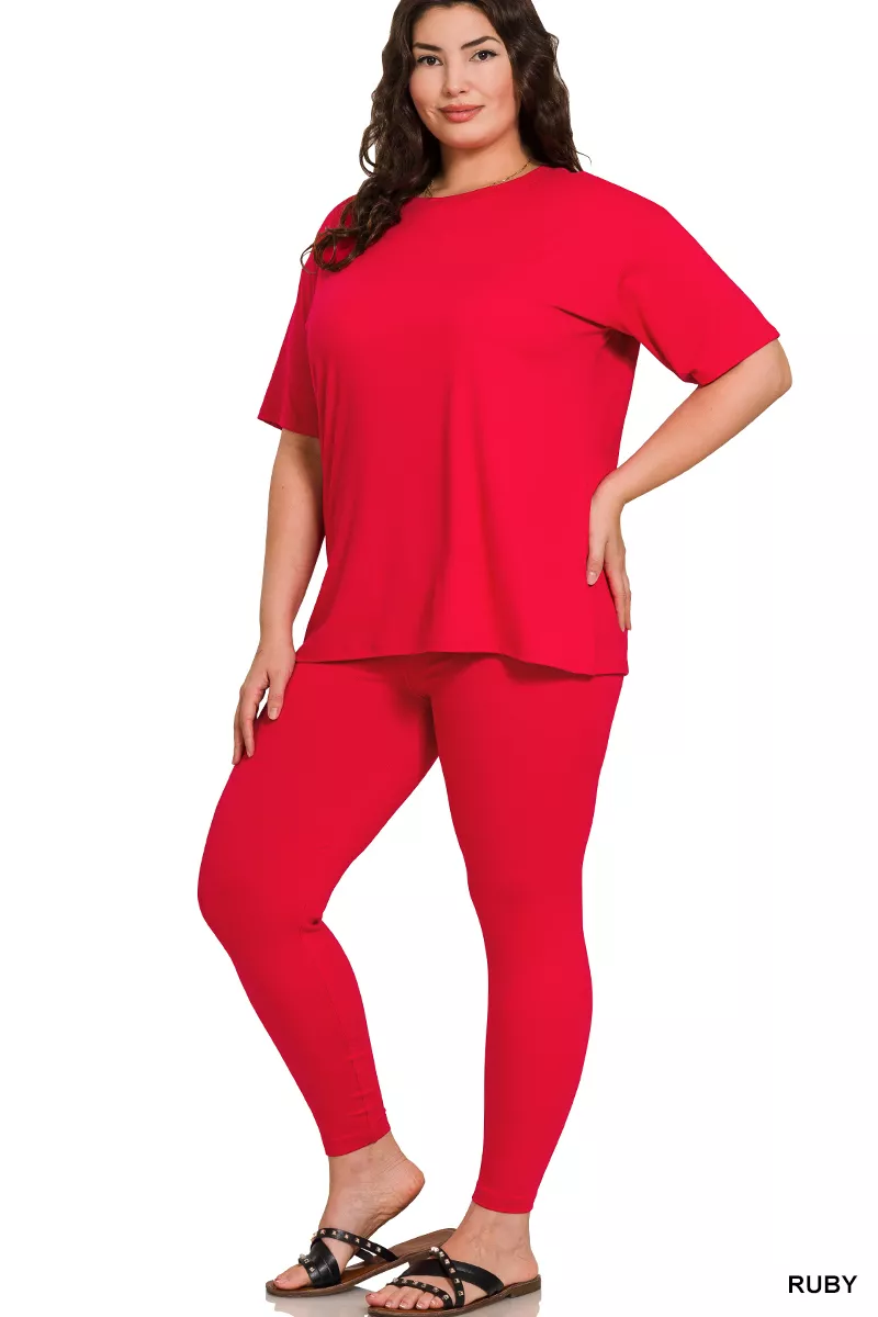 Full Size Brushed Dty Microfiber Short Sleeve Top and Pants Loungewear Set Plus Size, image 2