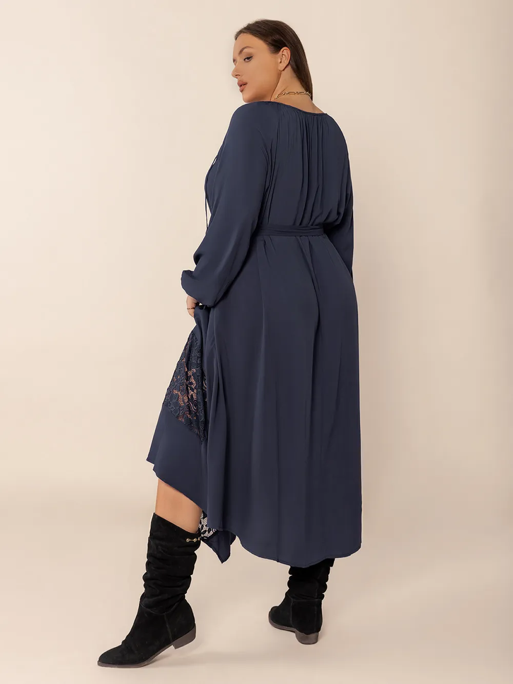 Plus Size Lace Detail Tie Neck Long Sleeve Midi Dress, image 5