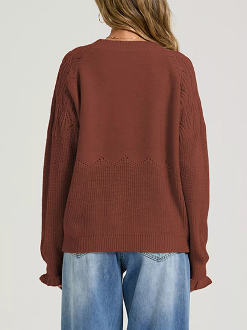 Pointelle Knit Round Neck Sweater, image 6